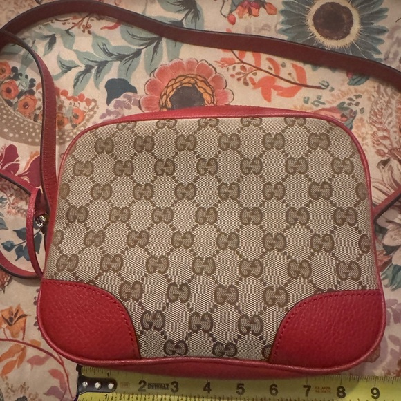 Gucci Handbags - Gucci Beige GG Canvas Crossbody Bag with Red Leather Trim